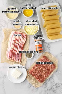 ingredients for an italian pasta dish laid out on a marble counter top with text describing the ingredients