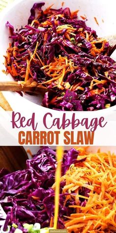 red cabbage carrot slaw in a white bowl