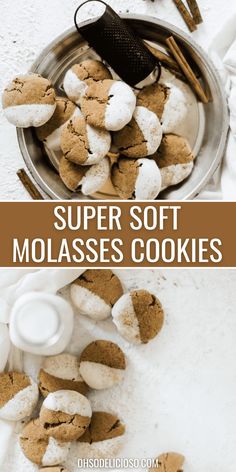 two pictures showing different types of cookies and marshmallows in a pan with the words super soft molassses cookies