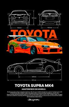 the toyota supra mk4 is shown in an orange and black drawing style