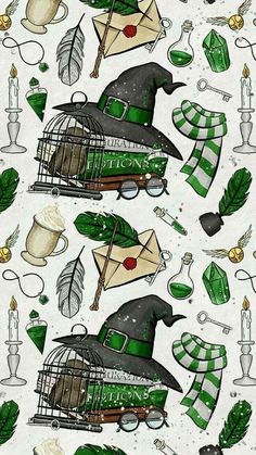 a green and white pattern with some hats on top of each other in front of a birdcage