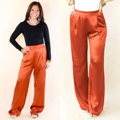 Immerse yourself in comfort and style with the My Everything Satin Pants in Rust Orange. These silky pants feature a stylish rust orange hue, plus front pockets for added convenience. Enjoy ultimate comfort while looking fashionable in these gorgeous pants. Make sure to grab the matching blazer for a fun look! Model: Kristen is wearing a size small. Abby is wearing a size large. Size Suggestions and Measurements: Small: 2-6 | Waist: 13.5 inches across | Length: 44 inches Medium: 8-10 | Waist: 14 Colored Pants Outfits, Pink Panache Jewelry, Charlie 1 Horse Hat, Julie Vos Jewelry, Consuela Bags, Silky Pants, Jazz Shoes, Color Pants, Plus Size Romper