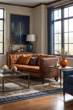 a living room with two couches, a coffee table and large windows in it