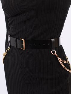 Whether you are dressing for a night out, attending to a music festival, or simply looking to make a fashion statement, the Double Chain Belt is the perfect accessory to complete your outfit. Designed in a medium width, the leather belt is flattering for any body type. With a comfortable fit around your waist, the double chains on each side add a touch of rebelliousness and individuality to your everyday or special occasion looks. Belt width: 4 cm Adjustable using the front buckle Designed to be Womens Belt Accessories, Cool Belts Casual, Cheap Chic Belts For Fall, Belt With Chain, Waist Belts, Statment Belt, Statement Belt Outfit, Black Chain Belt As Fashion Accessory, Statement Belt