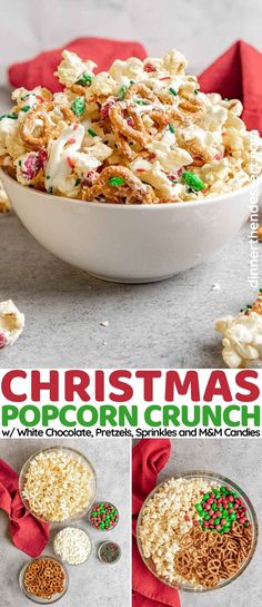 christmas popcorn crunch recipe in a white bowl