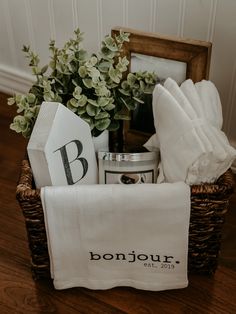 a basket filled with personal items on top of a wooden table