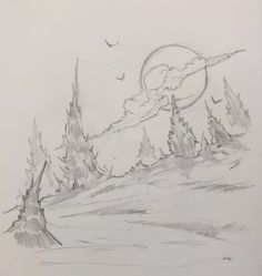 a pencil drawing of a landscape with trees