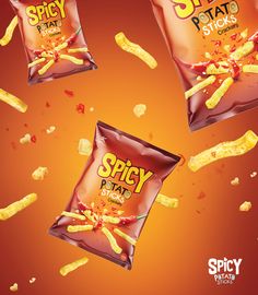 three bags of spicy potato chips are flying in the air and falling into the ground