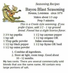 the recipe for bayou blast seasoning is shown in this hand - written text description