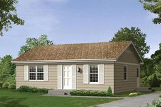 a small house with a brown roof and white windows