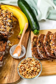 slices of banana walnut bread on a cutting board next to a bowl of granola