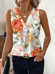 Orange Boho Collar Sleeveless Woven Fabric Floral,Plants,All Over Print Top Embellished Non-Stretch  Women Clothing Summer Sleeveless Floral Print Top, Printed Sleeveless Summer Blouse, Summer Sleeveless Printed Blouse, Cheap Summer T-shirt With Floral Print, Summer Floral Print Top, Short Length, Sleeveless Tops For Women, White Lace Tank Top, Blouse Tops Designs, Knit Vest Pattern