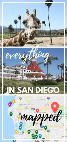 there is a map with the words everything in san diego and an image of a giraffe