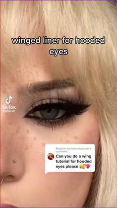 CREDITS TO @jess.vii ON TIKTOK Winged Liner On Hooded Eyes, Acubi Makeup Aesthetic, Grunge Makeup 90s Hooded Eyes, Winged Liner For Hooded Eyes, Liner For Hooded Eyes, Unapproachable Makeup, Maquillage Goth, Teknik Makeup, Goth Eye Makeup