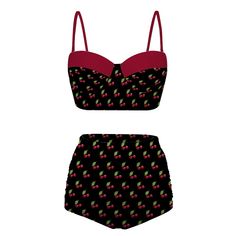 Pin Up Bikini, Cherry Print Bikini, Retro Bikini, High Waist Bikini Set, Red Black Bikini, Vintage Style Bikini, 60s Style, Pin up Swimsuit Designed in California, HandMade and shipped from overseas This is a two piece bikini set I designed for those who loves the retro style swimsuit! It's got a high waist ruche bikini bottom. A matching bikini top with cute cherry pattern print! Perfect for the Summer or your holiday vacation. You will not find this anywhere but my store since I designed it. : Red Cherry Print Swimwear For Summer, Red Cherry Print Swimwear For The Beach, Red Cherry Print Swimwear For Beach, Red Cherry Print Swimwear, Vintage Red Swimwear For Beach, Fitted Cherry Print Swimwear For Beach, Red Retro Swimwear For Poolside, Retro Red Swimwear For Poolside, Fitted Cherry Print Swimwear For Pool