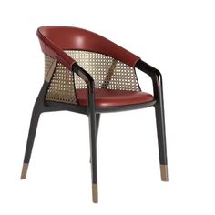 a red and black chair with an armrest that has holes in the back, on a white background