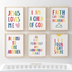 four framed art prints with the words jesus loves me, i am a child of god, let your and wonderfully made