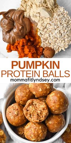 pumpkin protein balls in a white bowl with chocolate and oatmeal on the side