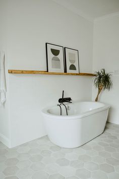 a white bath tub sitting in a bathroom next to a potted plant and framed pictures