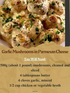 the menu for garlic mushrooms in parmesan cheese