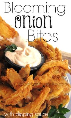 a plate topped with fried onion rings covered in ranch dip