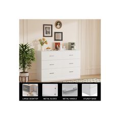 a white dresser sitting next to a plant in a room with pictures on the wall