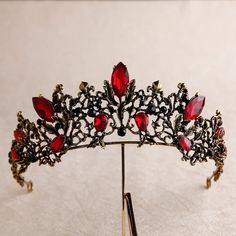 Vintage Baroque Goth Black Red Tiara Crown Princess Queen Bridal Diadem Crystals Red And Black Tiara, Vampire Headpiece, Black And Red Crown, Pagan Headpiece, Black Tiara Gothic, Blood Crown, Vampire Crown, Gothic Tiara, Gothic Headdress