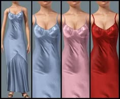 four different colored dresses with straps on them