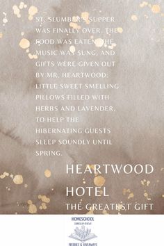 a poster with the words heartwood hotel written in gold foil on grey and white paper