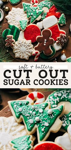 cut out sugar cookies with christmas decorations on them