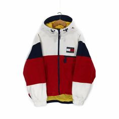 RARE Vintage 90s Tommy Hilfiger Fleece Full Zip Up Hooded Jacket Spell Out Colorblock SIze L 90s Tommy Hilfiger, Chaps Ralph Lauren, Packable Jacket, Vintage Tommy Hilfiger, Shipping Company, Half Zip Pullover, Jacket Vintage, Light Jacket, Windbreaker Jacket