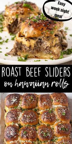 roast beef sliders on hawaiian rolls with text overlay