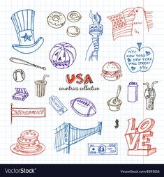 hand drawn usa icons set on lined paper