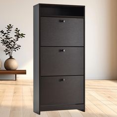 a tall black cabinet sitting on top of a hard wood floor next to a potted plant