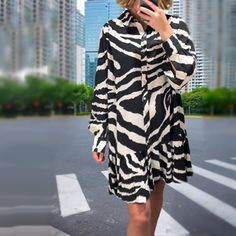 H&M Zebra Print Viscose Shirt Style Mini Dress Unlined No Pockets Button Down Closure 100% Viscose Dress H&m, H M Dresses, Hm Dress, Zebra Print, Black Cream, Shirt Style, Colorful Dresses, H&m, Mini Dress