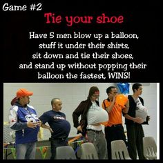 a group of men standing next to each other in front of a sign that says, game 2 tie your shoe have 5 men blow up a balloon, sit