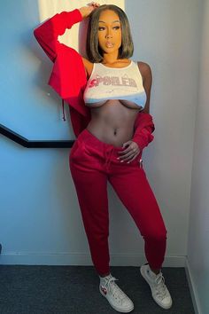 Red Athleisure Sweatpants For Loungewear, Red Cotton Joggers For Loungewear, Red Sporty Sweatpants For Leisure, Fitted Cotton Tracksuit For Leisure, Red Cotton Sporty Tracksuit, Fitted Cotton Tracksuit, Red Winter Joggers, Casual Red Tracksuit For Loungewear, Red Sweats For Fall Loungewear