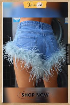 High Waist Feather Fur Patchwork Denim Shorts High Waist Blue Shorts For Fall, Trendy Blue Jean Shorts For Fall, Blue Trendy Shorts For Fall, Trendy Blue Shorts For Fall, Trendy Blue Fall Shorts, Patchwork Denim, Denim Patchwork, 1 Million, Denim Shorts