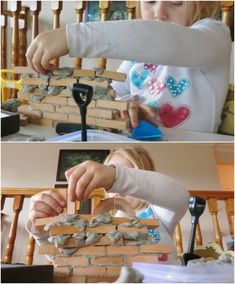 two pictures of a child building a brick wall