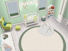 a baby's room is decorated in pastel green, white and gray colors