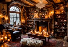 a living room filled with furniture and lots of candles