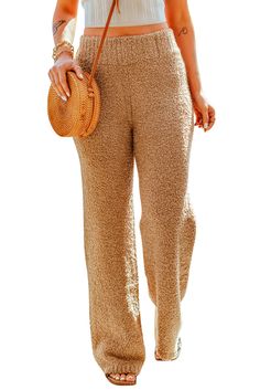 Khaki High Waist Plush Knitted Pants Chic Solid Color Knit Pants, Casual Knit Bottoms With Pockets, Beige Knit Wide Leg Bottoms, Beige Knit Wide-leg Bottoms, Casual Knit High-waisted Pants, Knit Trousers For Fall, Fall Knit Trousers, Fall Season Knit Trousers, Beige Stretch Knit Pants