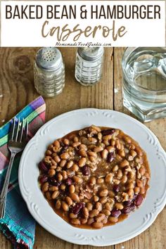 baked bean and hamburger casserole on a white plate