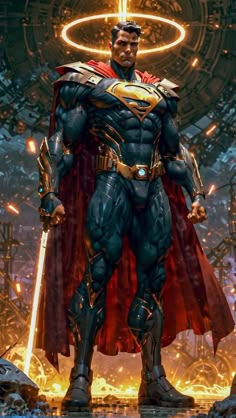 a man dressed as superman standing in front of a giant ring with his hands on his hips