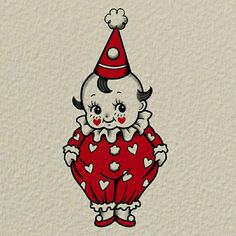 Kewpie Drawing, Vintage Halloween Tattoos, Halloween Kewpie, Rock Baby Clothes, Diy Coloring Books, Clown Party, Clown Illustration, Cars Theme Birthday Party