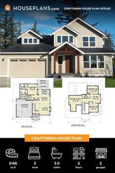 two story house plan with three car garages and an open floor plan for the front