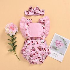 2-piece Ruffle Floral Printed Bodysuit & Headwear for Baby Girl Wholesale children's clothing - PrettyKid Pink Cotton Summer Onesie, Pink Summer Jumpsuits And Rompers For Playtime, Pink Onesie For Summer, Cute Ruffled Summer Sets, Cute Summer Sets With Ruffles, Fitted Summer Sets For Playtime, Sweet Pink Sets With Ruffles, Summer Playtime Sets With Ruffles, Pink Summer Onesie For Playwear