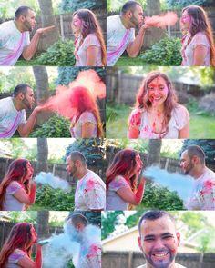 a man and woman are having fun with colored powder on their faces as they look at each other