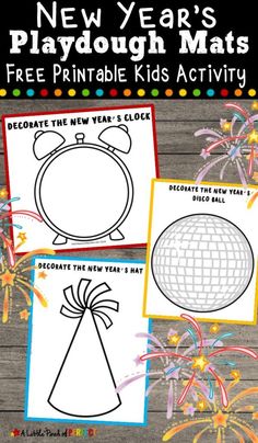 the new year's playdou mats printable kids activity is shown with fireworks