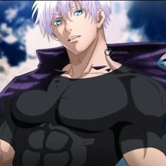 a male anime character with white hair and blue eyes wearing a black shirt in front of clouds